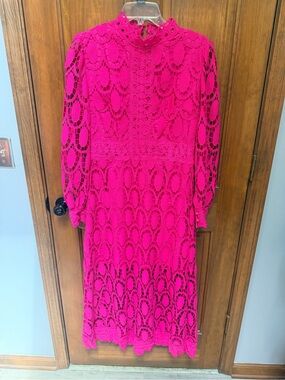 Women's Fuchsia Lace Midi Dress - High Neck, Long Sleeve